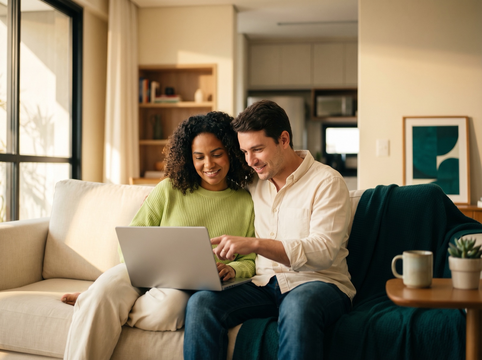 Casal analisando o orçamento no laptop em casa
